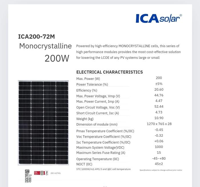 Gambar Panel Surya ICA Solar Monocrystaline 200Wp TKDN Best Performance - 12V ICA200 36M dari Solar Energy Power undefined Tokopedia
