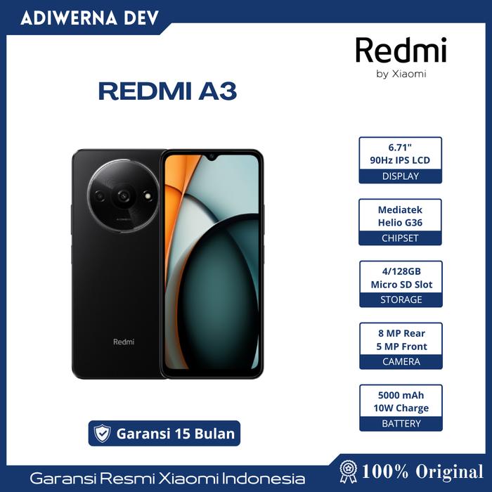 Gambar Xiaomi Redmi A3 4/128 GB Resmi 90 Hz berukuran 6.71" baterai 5000 mAh - Midnight Black dari Adiwerna DevStore_NEW undefined Tokopedia
