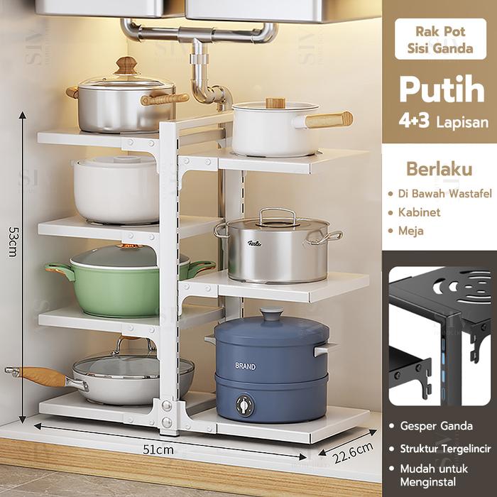 Gambar 2-4 Tingkat Rak Panci Dapur Susun Rak Panci Bawah Wastafel Stainless - 4+3 putih dari Murano homedeco-ID undefined Tokopedia