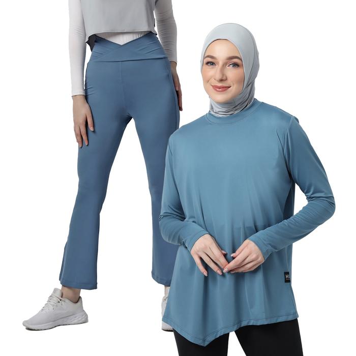 Gambar HIA EveryWear Taneeta Set Setelan Olahraga Wanita Bahan Hacktive Fabric Warna Blue Stone - M fit to L dari HIA EveryWear undefined Tokopedia