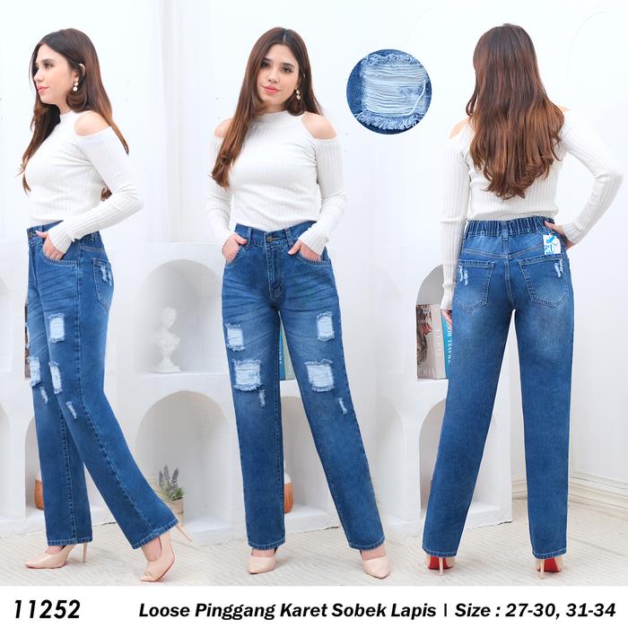Gambar Celana Panjang Skena Loose Jeans Pinggang Karet Sobek Lapis Furing 27-34 - Blue, 30 dari Bello Moda undefined Tokopedia