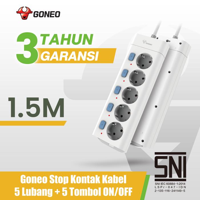 Gambar GONEO-G3050 Stop Kontak Multi Saklar On Off Panjang 1,5/3/5 Meter 5 lubang terminal kuningan Anti Petir SNI gongniu - 1.5 M dari Goneo Indonesia undefined Tokopedia