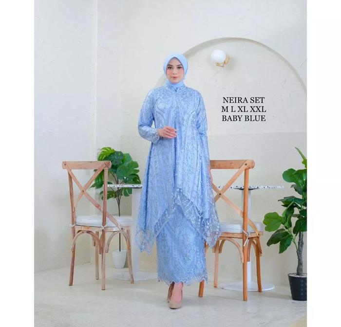 Gambar JUMBO SETELAN KEBAYA PESTA TUNIK NEIRA TILLE SAPTO INNER FULL SATIN+ROK  LILIT TILLE BUSUI LD 120 - SET BABY BLUE, XL dari Momme Collection undefined Tokopedia