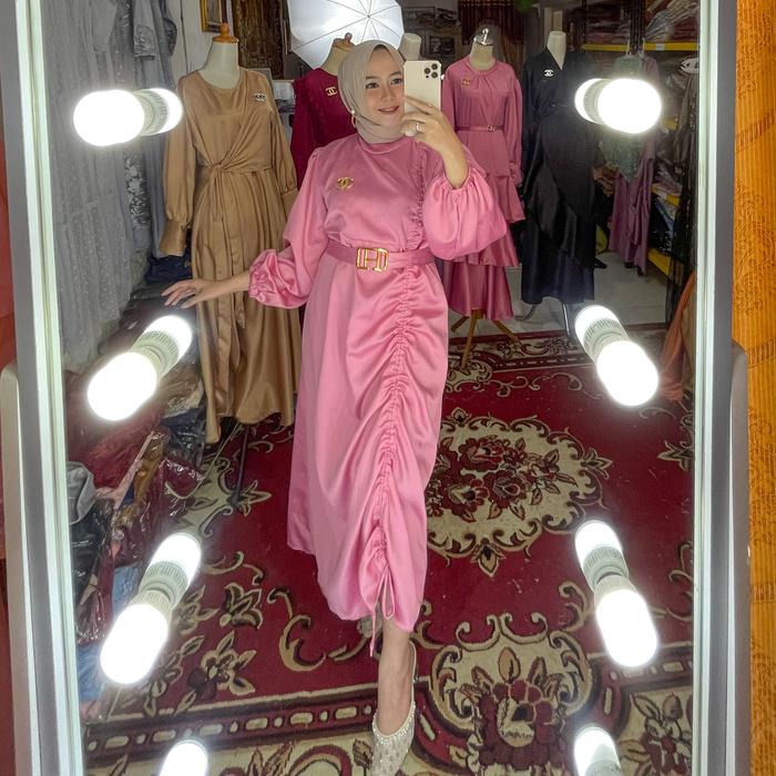 Gambar Gamis Pesta Satin Model Serut Rehana Dress - Dusty dari kingfahd undefined Tokopedia