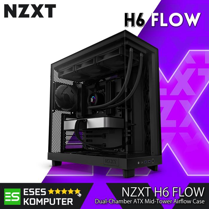 Gambar Case NZXT H6 FLOW Black / White Compact Dual-Chamber ATX Mid-Tower Airflow Case - Black dari ESES Komputer undefined Tokopedia