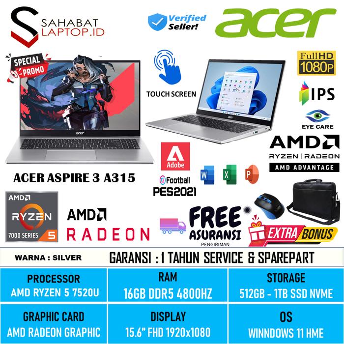 Gambar Laptop Acer apire 3 A315 AMD RYZEN 5 7520u Ram 16GB ddr5 SSD 1TB fhd TOUCH SILVER - PROMO 1 BULAN, 8GB/512GB BLUE dari Sahabat Laptop id undefined Tokopedia