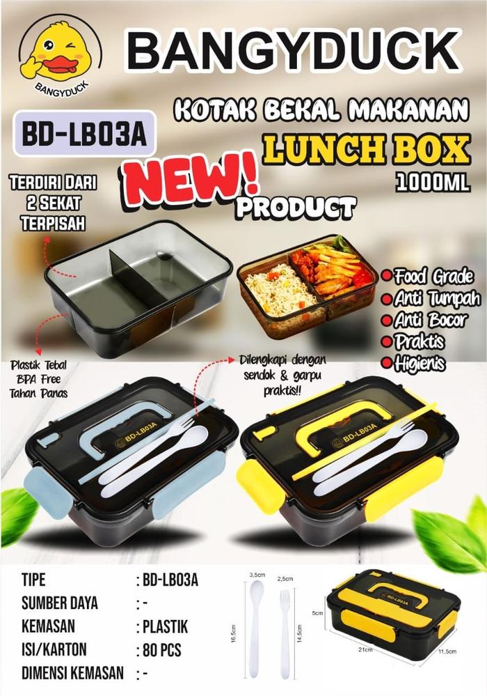 Gambar Kotak Bekal Makan Lunch Box 2 Sekat 1000ml dan 3 Sekat 1500ml Bangyduck BD-LB03A BD-LB04A dilengkapi Sendok dan Garpu - 2 sekat 1000ml dari BarangUnik2021_NEW undefined Tokopedia