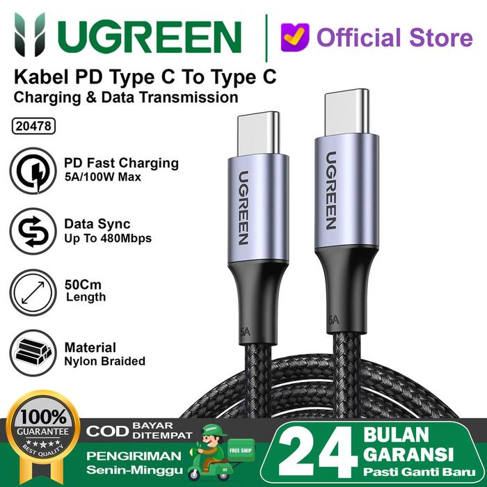Jual Kabel Data UGREEN USB Type C To Type C PD 5A 100W Fast Charging ...