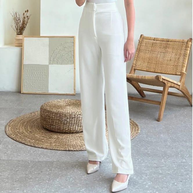 Gambar TS Fashion - Cozie Knit Pants Celana Highwaist Panjang Wanita Kulot Rib Premium / Celana Panjang Korean Style Anti Kusut - Putih, Standar dari TS Fashionn undefined Tokopedia