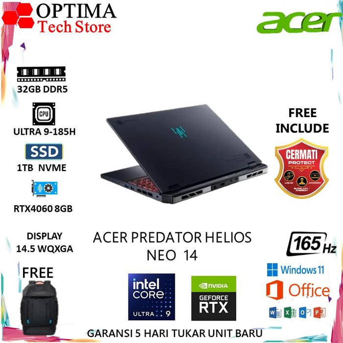 Gambar ACER PREDATOR HELIOS NEO 14 ULTRA 9-185H RTX4060 8GB/ 32GB 1TB W11+OHS 14.5 WQXGA 165HZ 3ZRGB 3Y+ADP - Unit Only dari Optima Tech undefined Tokopedia