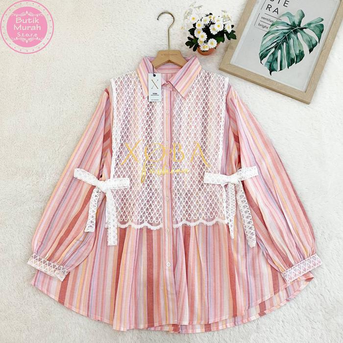 Gambar Xoba Fashion 3523 Atasan LD 114, LD 110 CM Blus Wanita Katun Salur Panjang E212912.414582.41438 - PEACH dari XOBA FASHION undefined Tokopedia