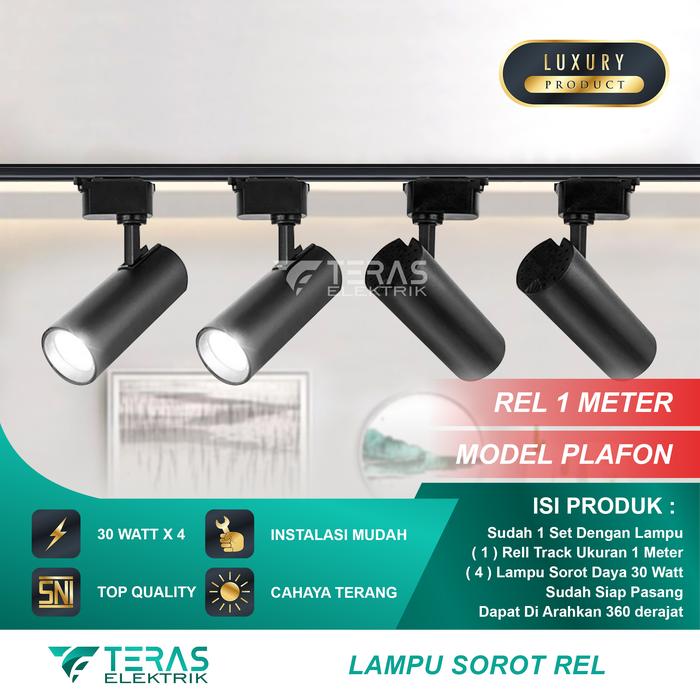 Gambar Paket Lampu sorot rel 1 set isi 4 Premium spotlight track light rell - B.Hitam Rel 1M, Kuning Warm dari TERAS ELEKTRIK undefined Tokopedia