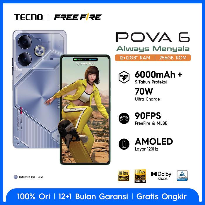 Gambar TECNO POVA 6 - 12+12GB*+256GB, 70W Ultra Charge + 6000mAh + 5 Tahun Proteksi, 120Hz 6,78" FHD+ Amoled, 90FPS Gyroscope, Dual Speaker Dolby Atmos, Ultra Thin Body, 108MP Ultra Vivid Camera, Android 14, Garansi 12+1 Bulan - Inter.Blue, 12+256GB dari TECNO Indonesia Shop undefined Tokopedia