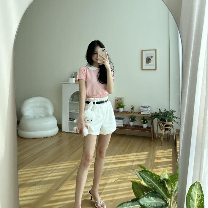 Gambar Atasan Wanita Collar Lengan Pendek Korean Looks - Mina Collar Top - Pink, all size dari Lexyno_id undefined Tokopedia