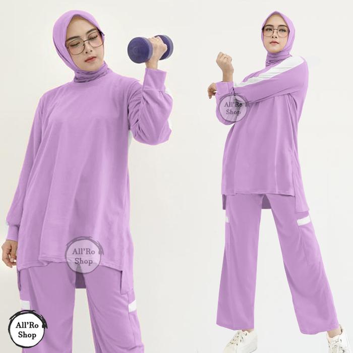 Gambar Set Nara - Setelan Olahraga Wanita Muslim Hijab Syari Sopan OneSet Baju dan Celana Senam Model Tunik Lengan dan Celana Panjang Setcel - Ungu, L dari safitiri undefined Tokopedia
