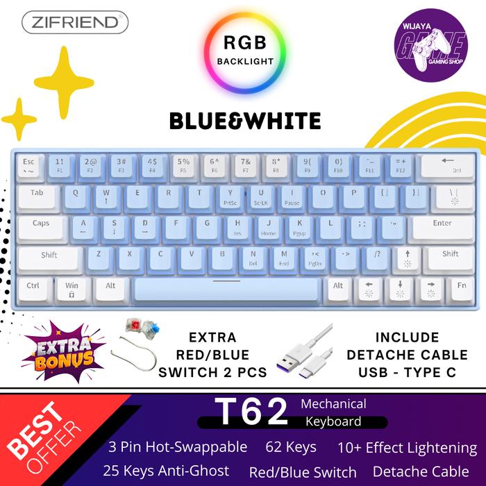 Gambar ZIFRIEND Keyboard Gaming Mechanical Hotswapp 60% RGB Backlit Red Blue Switch - Blue&White, Blue Switch dari Wijaya Gaming Shop undefined Tokopedia