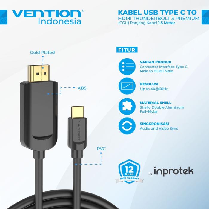 Vention Kabel Type C to HDMI Thunderbolt HDMI Male Converter Mac android  window 1M
