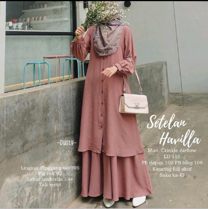 Gambar Setelan Tunik Panjang Bawahan Rok Lebar Havilla Oneset Bahan Crinckle Busana Muslimah Terbaru Modern - Dusty dari Shopping Solo undefined Tokopedia