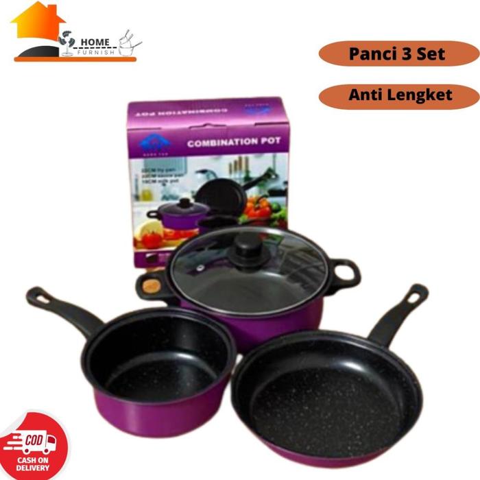 Gambar TTD-STORE Panci Set 3 IN 1 Wajan Teflon Stainless Steel Cookware Set Anti Lengket Panci Isi 3 Free Penutup Kaca Panci Kukus Fry Pan Anti Lengket - Purple dari TTD-STORE undefined Tokopedia
