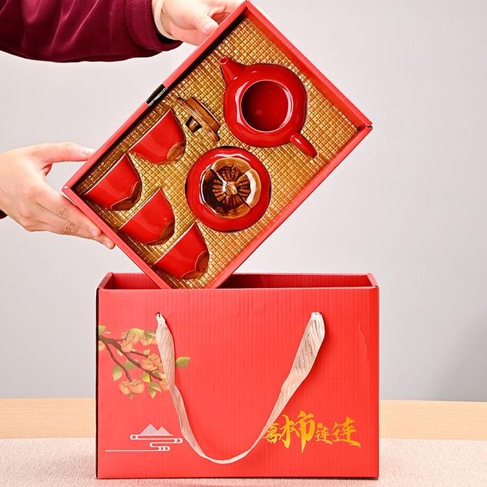 Gambar [LECORA] Japanese Chinese Ceramic Keramik Teaset Teapot Teko Cangkir  Orange Teaset isi 4 cup + 1 teapot + 1 Wadah Teh Tea Storagez - Persimm Red dari Lecora undefined Tokopedia
