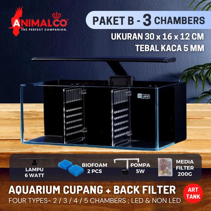 Gambar Soliter Aquarium Kaca Tempat Cupang + Filter Ikan Mini Sekat Set Akuarium Betta Guppy Molly - Sekat 3 + Lampu dari Animal Co undefined Tokopedia
