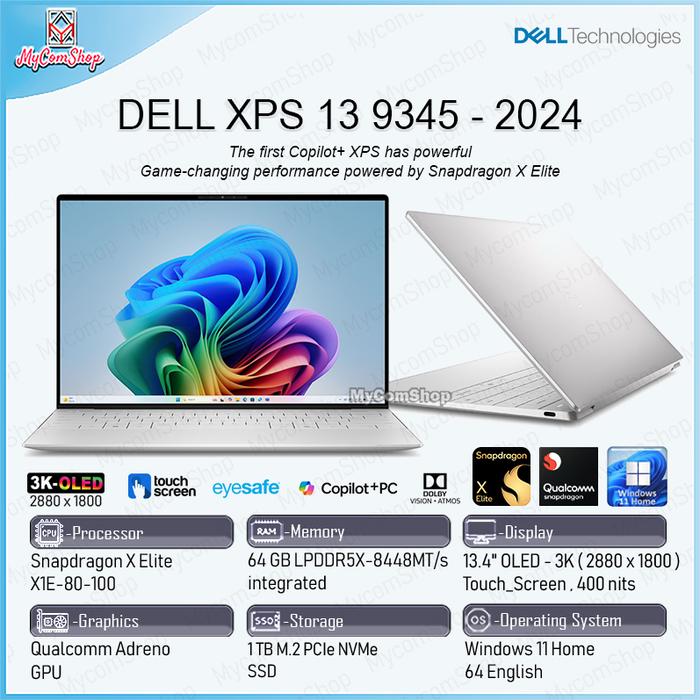 Gambar DELL XPS 13 9345 SNAPDRAGON X ELITE X1E-80-100 16GB RAM 512GB SSD QUALCOMM ADRENO 13" OLED 3K TOUCH SCREEN - 64GB / 1TB, GRAPHITE dari MYCOMSHOP undefined Tokopedia