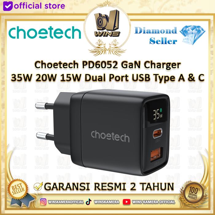 Gambar Choetech PD6052 GaN Charger 35W 20W 15W Dual Port USB Type A & C - Black dari WINS OFFICIAL STORE undefined Tokopedia