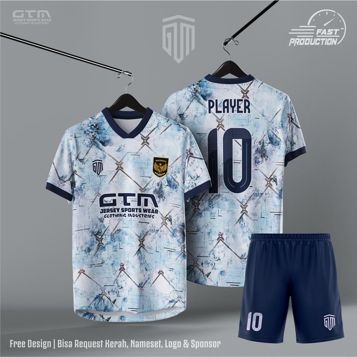 Gambar Jersey Bola Futsal Printing Putih Biru Navy Kerah V~ Free Custom Design - SETELAN, L dari GTM SPORTS WEAR OFFICIAL undefined Tokopedia