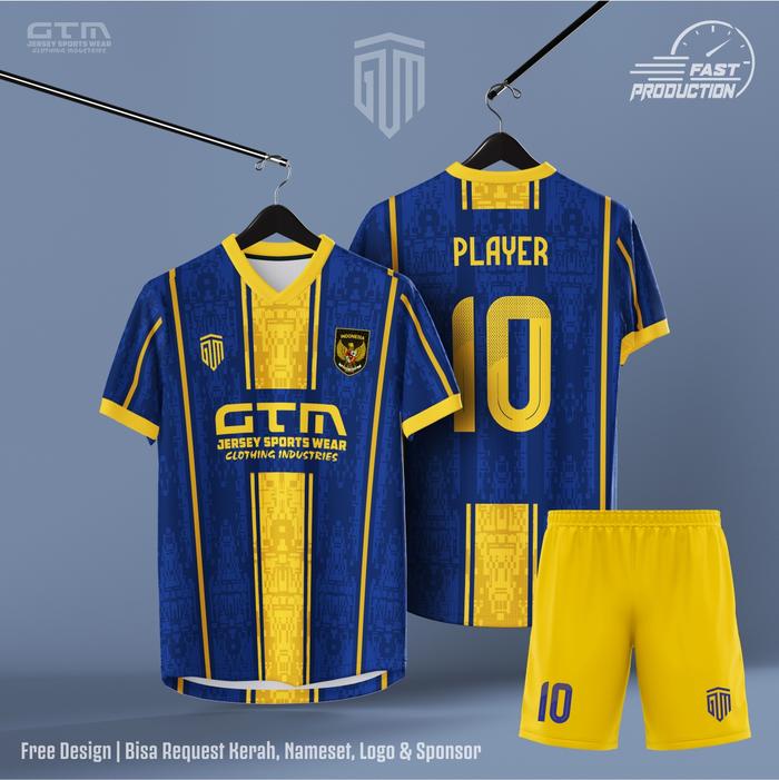 Jersey Bola Futsal Printing Biru Kuning Kerah V Free Custom Design  SETELAN, XL
