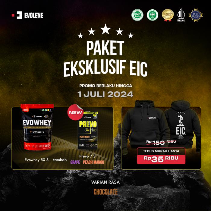 Gambar PAKET EKSKLUSIF EIC (NEW PREVO + TEBUS MURAH HOODIE) - Whey50Coklat, Shaker+Resistan dari Evolene undefined Tokopedia