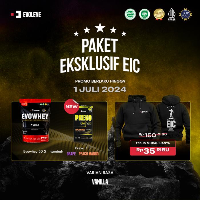 Gambar PAKET EKSKLUSIF EIC (NEW PREVO + TEBUS MURAH HOODIE) - Whey50Vanilla, Shaker+Resistan dari Evolene undefined Tokopedia