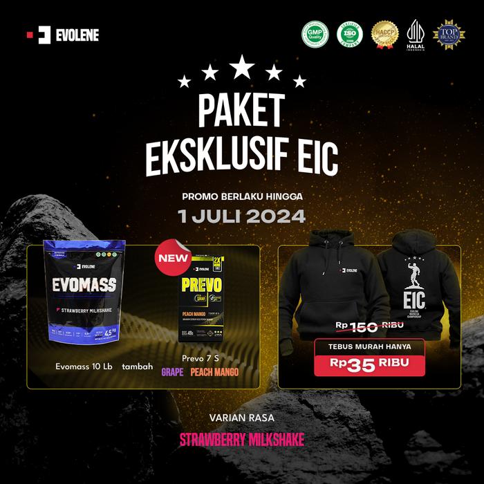 Gambar PAKET EKSKLUSIF EIC (NEW PREVO + TEBUS MURAH HOODIE) - Mass10StrawMilk, Shaker+Resistan dari Evolene undefined Tokopedia