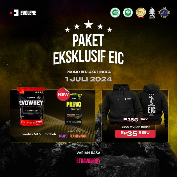 Gambar PAKET EKSKLUSIF EIC (NEW PREVO + TEBUS MURAH HOODIE) - Whey50Stroberi, Shaker+Resistan dari Evolene undefined Tokopedia