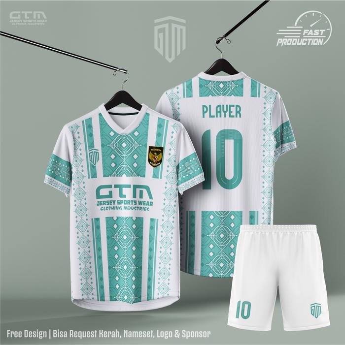 Gambar Jersey Bola Futsal Printing Putih Hijau Tosca Kerah Vneck ~ Free Custom Design - SETELAN, M dari GTM SPORTS WEAR OFFICIAL undefined Tokopedia