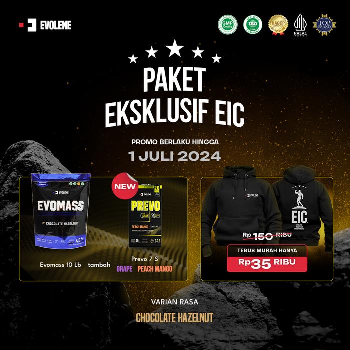 Gambar PAKET EKSKLUSIF EIC (NEW PREVO + TEBUS MURAH HOODIE) - Mass10lbHazlnut, Shaker+Resistan dari Evolene undefined Tokopedia