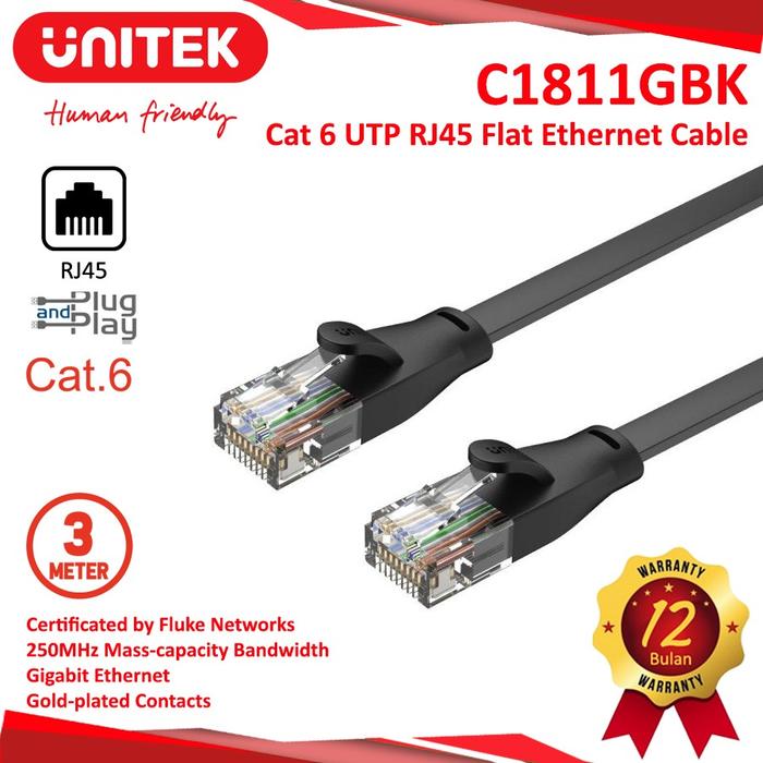 Gambar Unitek C1811GBK Kabel Lan Patch Cat6 3 Meter Flat - Gatotkaca Electronics dari Gatotkaca Electronics undefined Tokopedia
