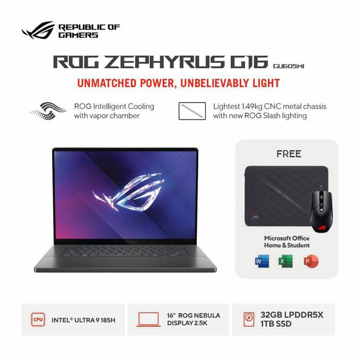 Gambar ASUS ROG ZEPHYRUS G16 OLED GU605MI-I947OL6G-O ULTRA 9 185H 32GB 1TB SSD RTX4070 8GB W11 OHS 16" NEBULA 2.5K 240HZ - Eclipse Grey - LAPTOP dari ASUS ROG Indonesia undefined Tokopedia