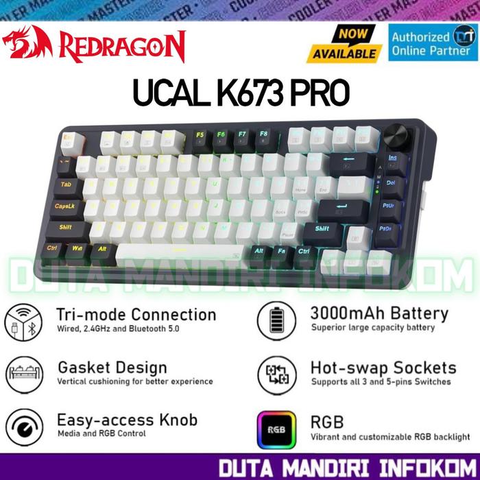 Gambar Redragon UCAL K673 PRO - 75% RGB Tri Mode Connection Wireless Bluetooth Mechanical Gaming Keyboard I K673WB I K673CPG - K673WB dari Duta Mandiri Infokom undefined Tokopedia