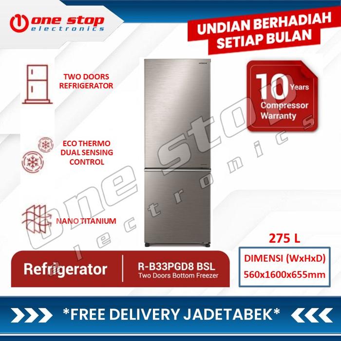 Gambar HITACHI R-B33PGD8 BSL/BBK Kulkas 2 Pintu Bottom Freezer 275 L - Silver dari OneStop Electronics undefined Tokopedia