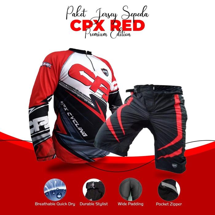 Gambar Set Jersey Celana Sepeda Cpx Cycling kaos Gowes dryfit bersaku lengan panjang shortpant padding busa - CpxMerah+Merah, M dari CPX Sport undefined Tokopedia