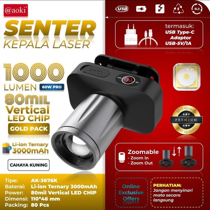 Gambar Senter Kepala Zoom Headlamp Aoki AK-3685A (Putih) AK-3686K (Kuning) - KUNING3676K+CAS dari lampukulaku undefined Tokopedia