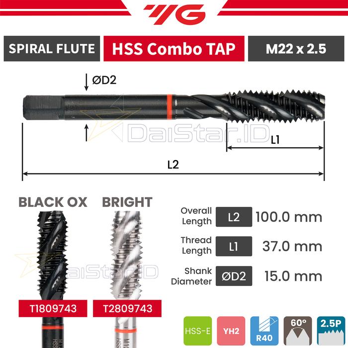 Metric Thread Tap M15 X 3.0 – HSS Straight Flute Right Hand Machine Tap, 95mm Length, For Through Holes & Shallow Blind Holes