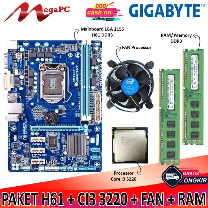 Paket Mainboard LGA 1155 H61 DDR3 Core i3 3220 FAN RAM Ddr3 4GB  ASUS, TANPA RAM