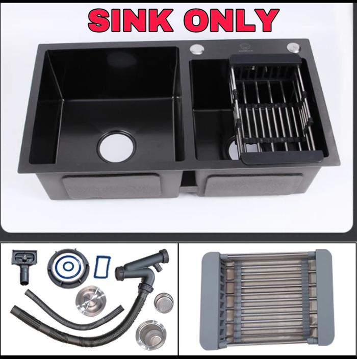 Gambar bak cuci piring 2 lubang hitam  kitchen sink stainless black 8245 sus 304 wastafel - Sink only Polos dari JR Sanitary undefined Tokopedia