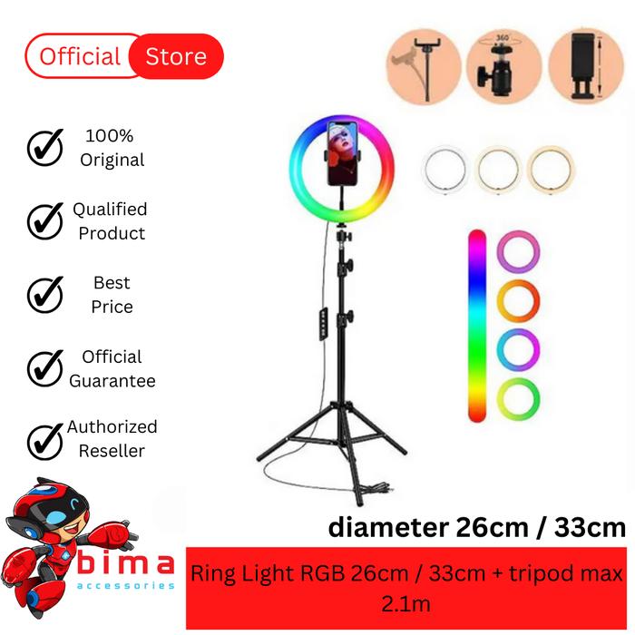 Gambar Ring Light RGB Complete set Lampu LED 26cm / 33cm + Tripod 210cm + Phone Holder Complete Set Ringlight RGB - 26cm / 10inch dari Bima Accessories Bali undefined Tokopedia