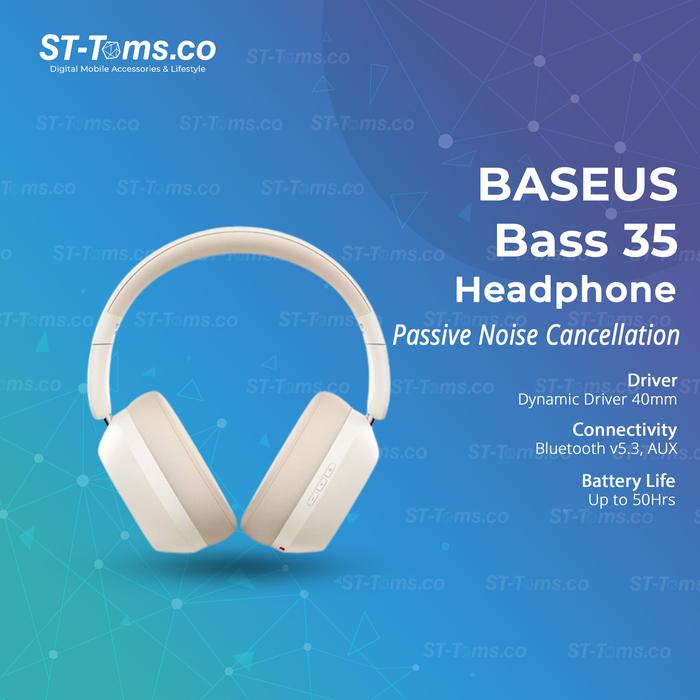 Gambar Baseus Bass 35 Max Headphone Bluetooth Passive Noise Cancellation 40mm Driver With AUX - Stellar White dari ST-Toms.co undefined Tokopedia