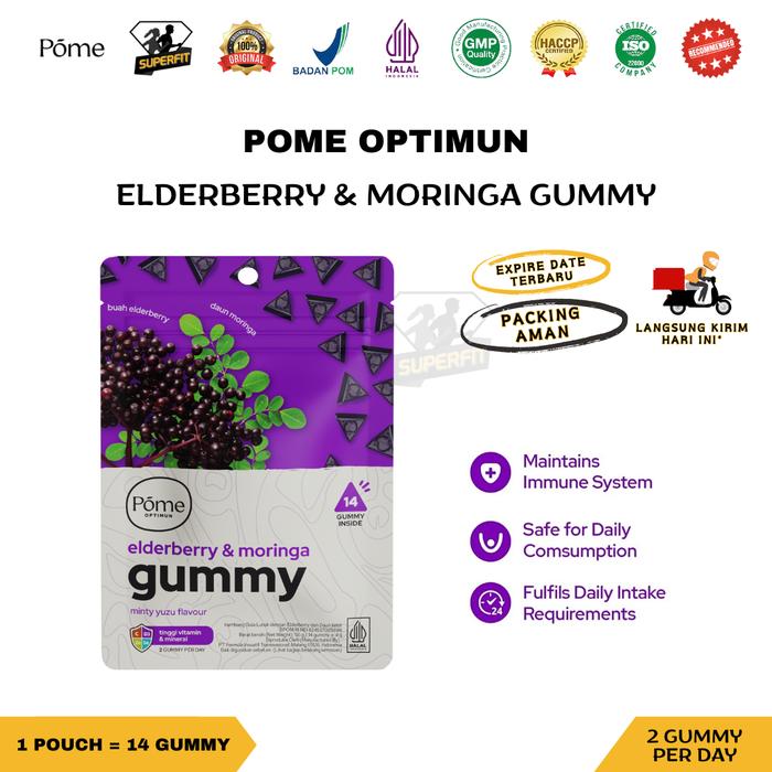 Gambar Mini Pack Pome OPTIMUN Gummy Elderberry Moringa Daun Kelor Superfood Multivitamin Suplemen Kesehatan Imun Immune Booster Getpome Vegetarian BPOM Halal - POME OPTIMUN, Pouch 14 gummy dari SuperFit Store undefined Tokopedia