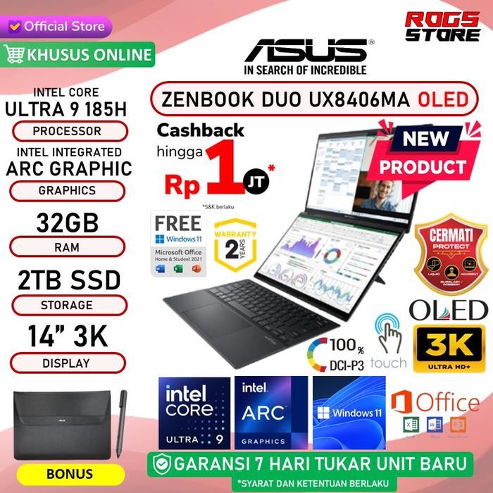Gambar ASUS ZENBOOK DUO UX8406MA OLED TOUCH CORE ULTRA 9 185H 32GB 2TB OHS 14" 3K 120Hz - NO BUNDLE dari ROGS STORE undefined Tokopedia
