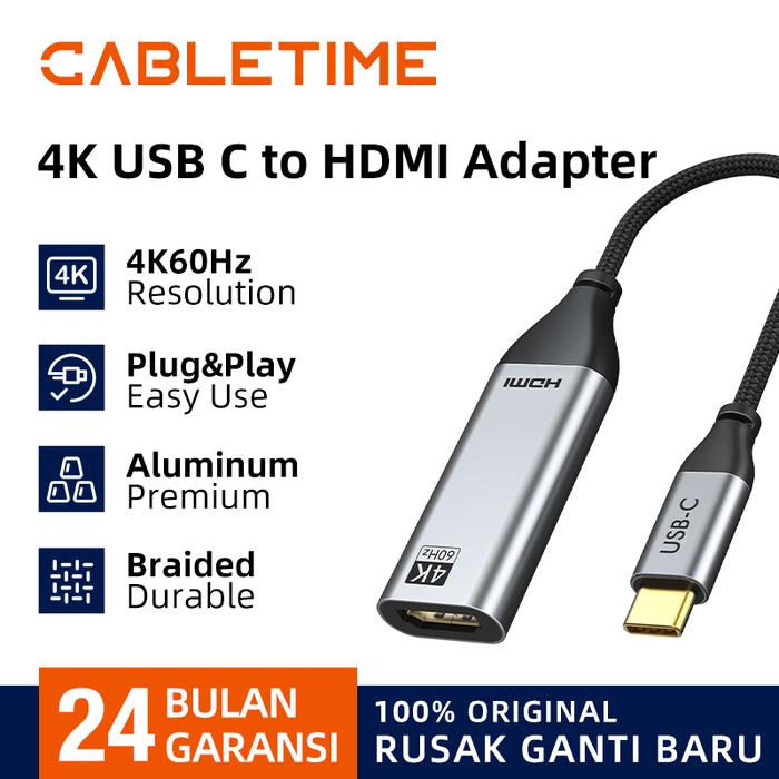 Gambar CABLETIME USB C to HDMI Female 4K 60Hz Adapter HUB Converter USB-C - CP10B dari CABLETIME Jakarta undefined Tokopedia