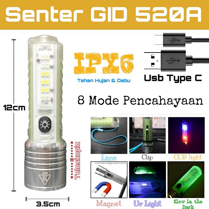 Gambar Senter Transparan Magnet Zoom in out Cas 8 Mode Warna 30W Waterproof Flashlight 520A 520 Series - SYS - 520A dari ShuShop SYS undefined Tokopedia